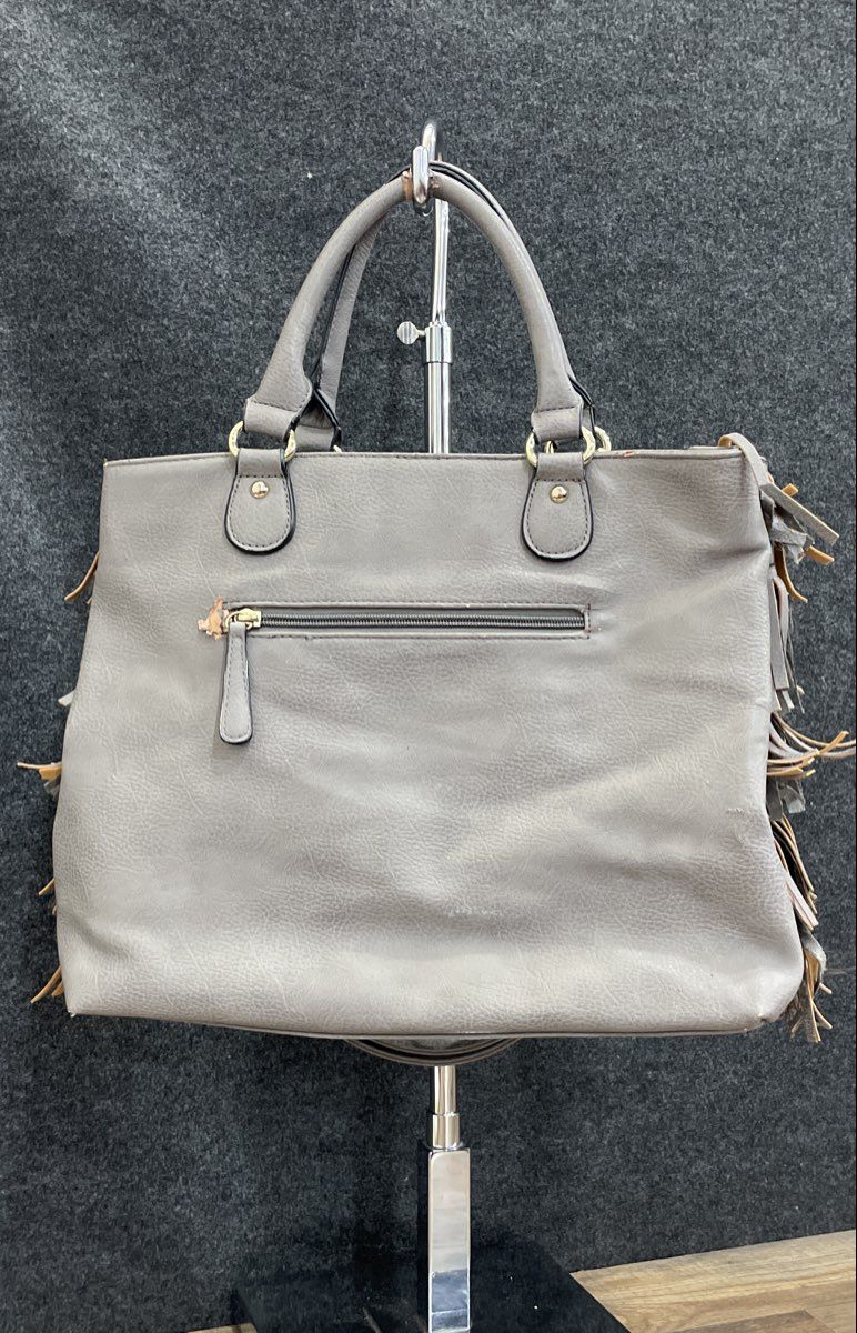 Expressions NYC Grey Leather Fringed Satchel Crossbody Bag Boho Studded