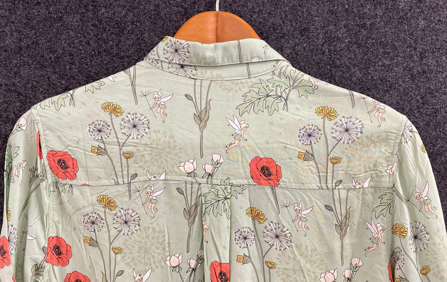 Disney Our Universe Tinker Bell Poppy Floral Rayon Button Up Shirt Sage Sz SM