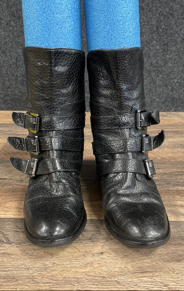 Stellemonelle Black Leather Triple Buckle Moto Ankle Boots Made In Italy Size 38