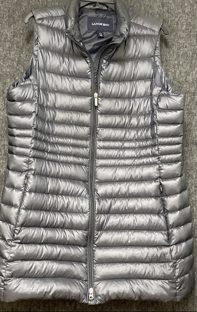 Lands' End Girls Down Puffer Vest Metallic Gray Quilted Full Zip Sz L 14-16