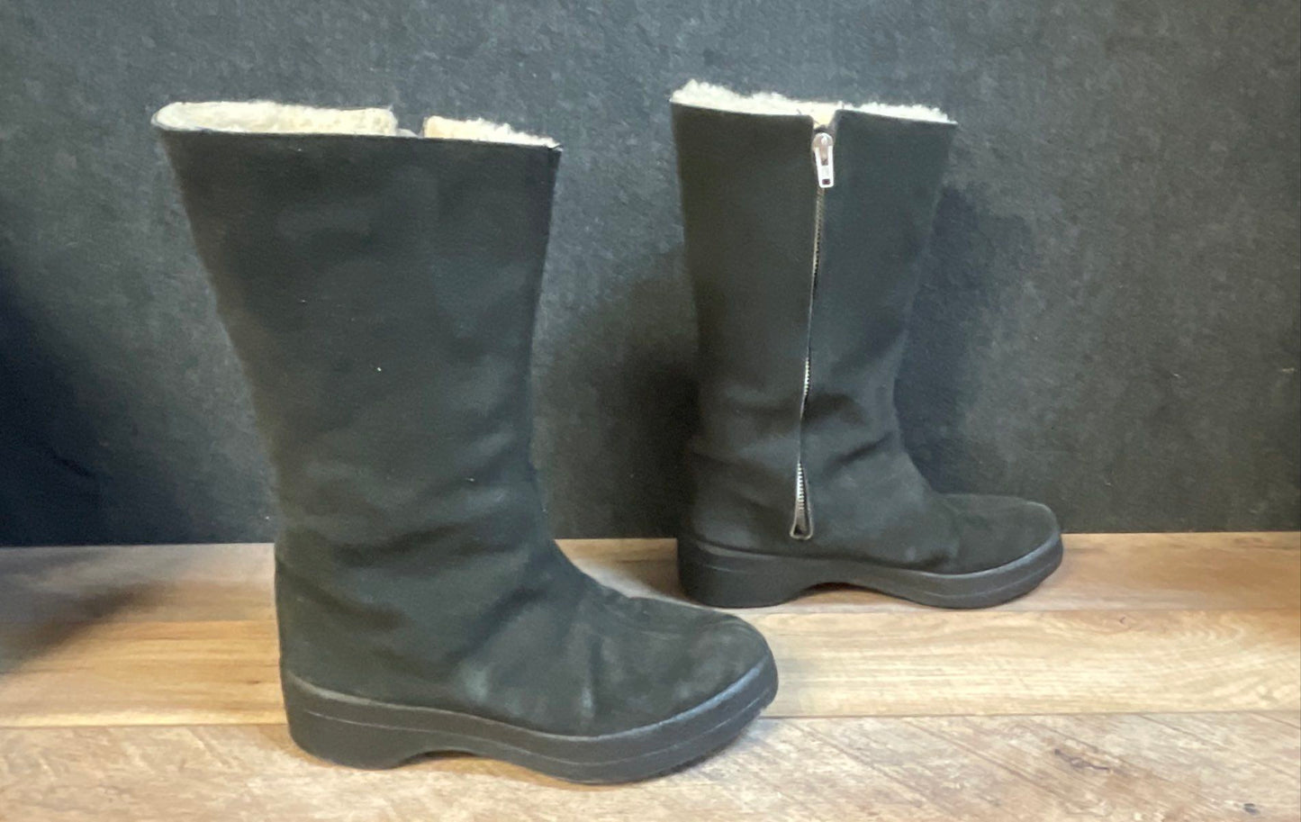 Vintage Made in England Black Suede Sheepskin Lined Mid Calf Boots Size UK 4