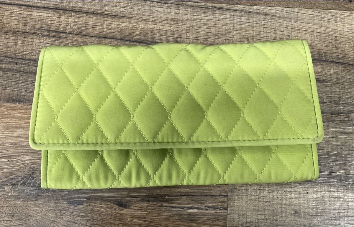 Vera Bradley Lime Green Quilted Fabric Long Wallet Organizer Blue Lining