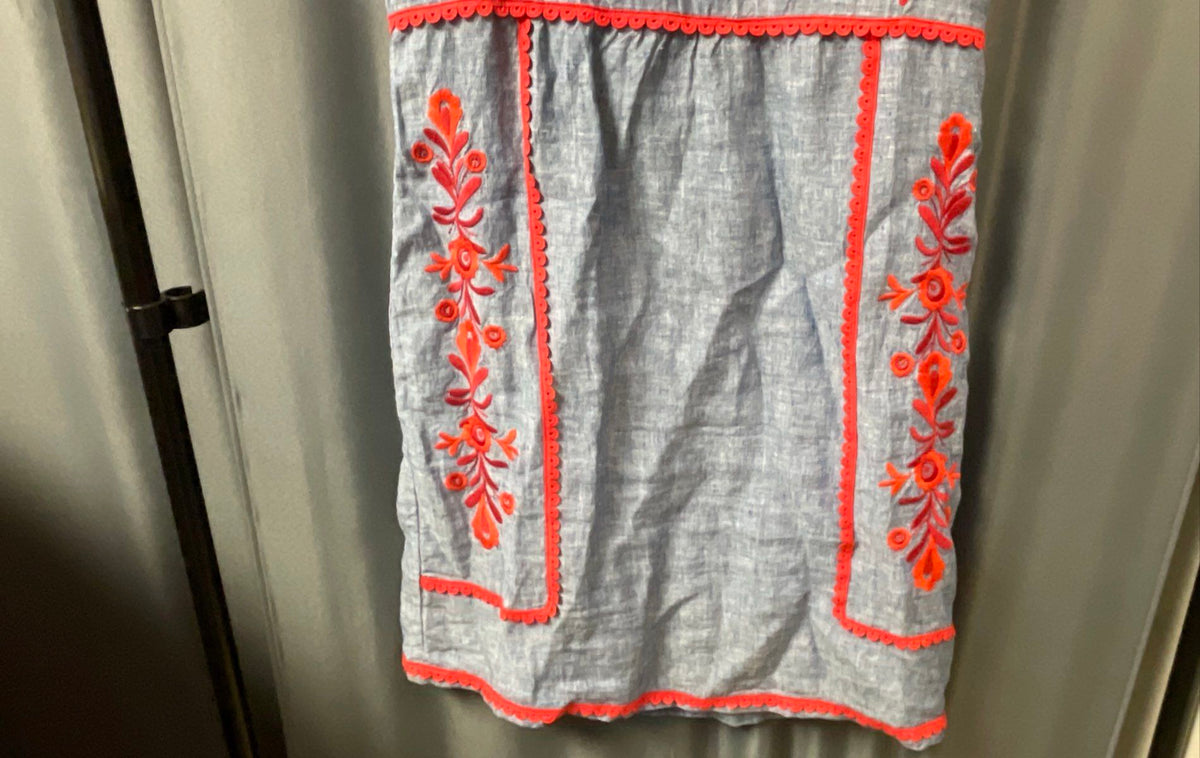 Boden Women's Blue Red Floral Embroidered Scallop Trim Linen Dress Sz 2R