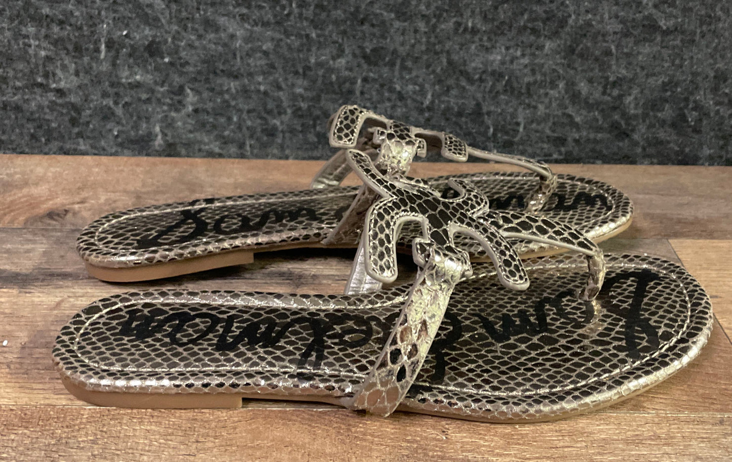 Sam Edelman Snakeskin Print Silver Metallic Double E Thong Sandals Size 8
