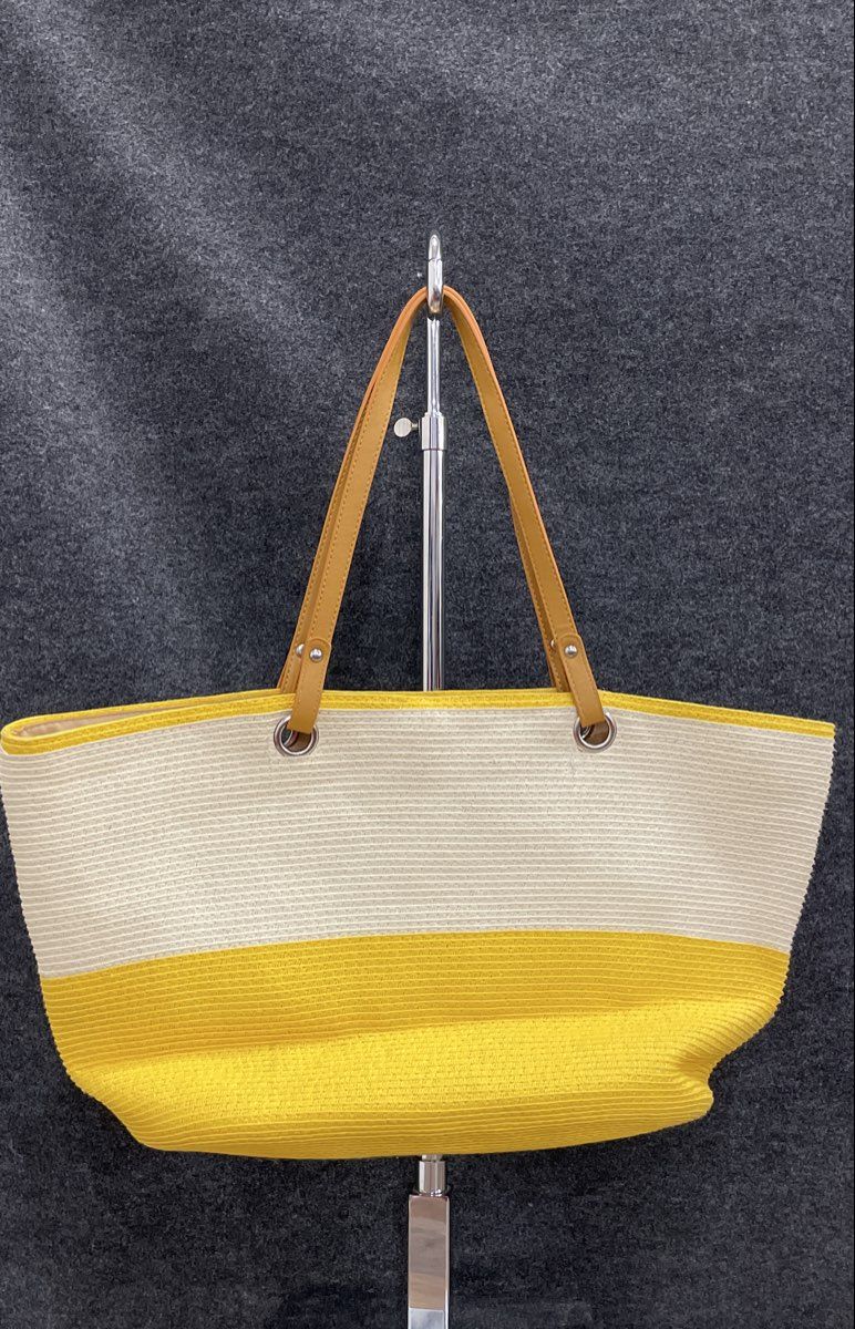 Yellow White Woven Color Block Large Tote Beach Shoulder Bag Silver Hardware