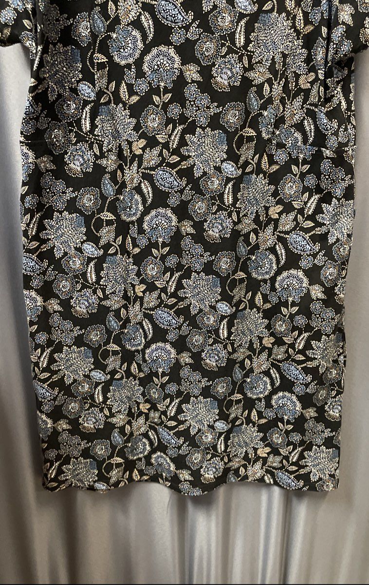 Purejill Women's Black Blue Floral V-Neck Organic Cotton T-Shirt Dress Sz S