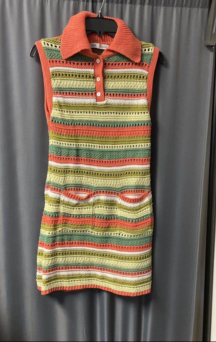 Zara Women's Orange Green White Striped Collared Knit Mini Dress Sz S