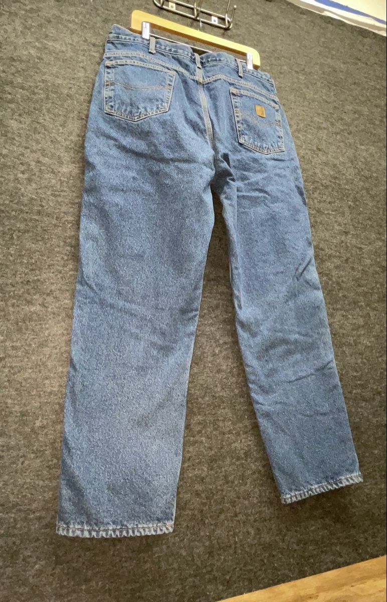 Carhartt Men's Blue Flannel Lined Denim Straight Leg Workwear Jeans