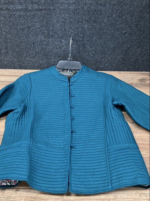 Fabindia Women's Teal Cotton Quilted Tailored Jacket Floral Print Liner Sz S NWT
