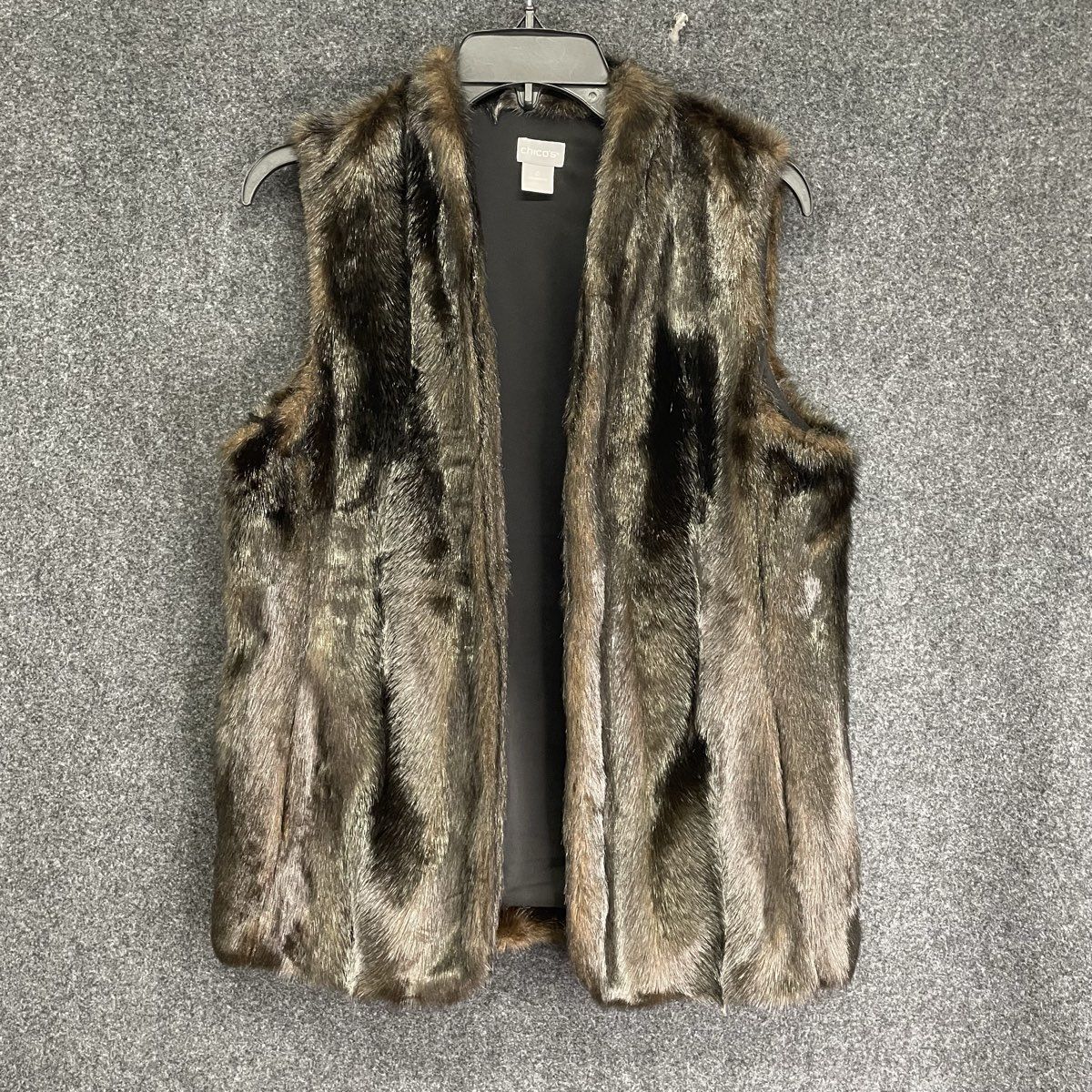 Chico's Women's Brown Multi-tonal Faux Fur Sleeveless Open Front Vest Sz 0 (4/6)