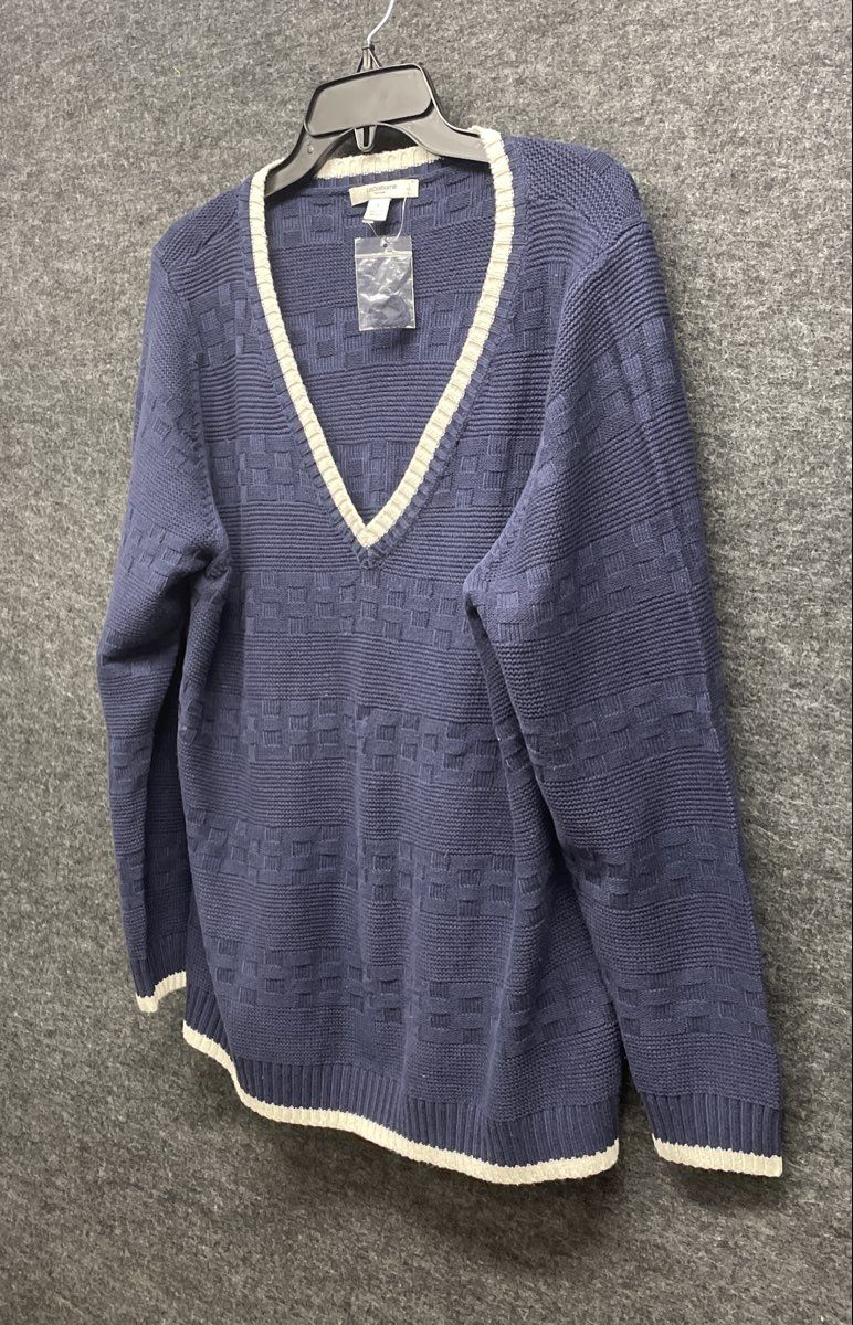 Liz Claiborne Women's V-Neck Sweater Navy Blue Textured Knit White Trim Sz 1X