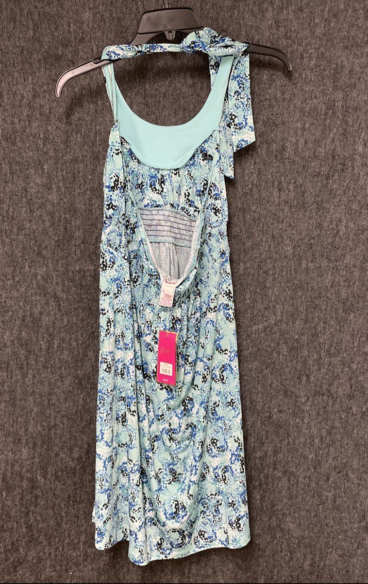 Candie's Women's Blue Black Patterned Halter Dress Sequin Beaded Neckline NWT L
