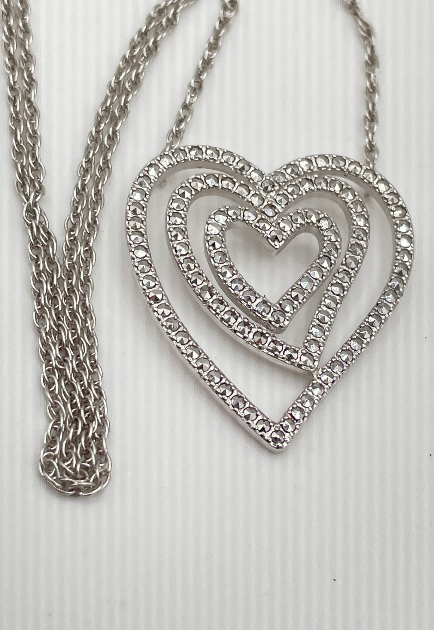 925 Sterling Silver Triple Heart Marcasite Accent Pendant Necklace 8.6g