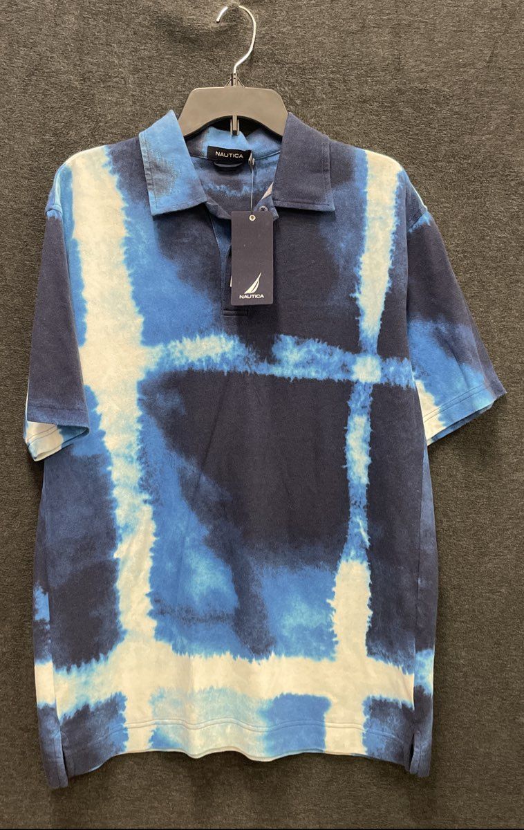 Nautica Men's Polo Shirt Blue Navy White Tie Dye Watercolor Grid Sz M NWT