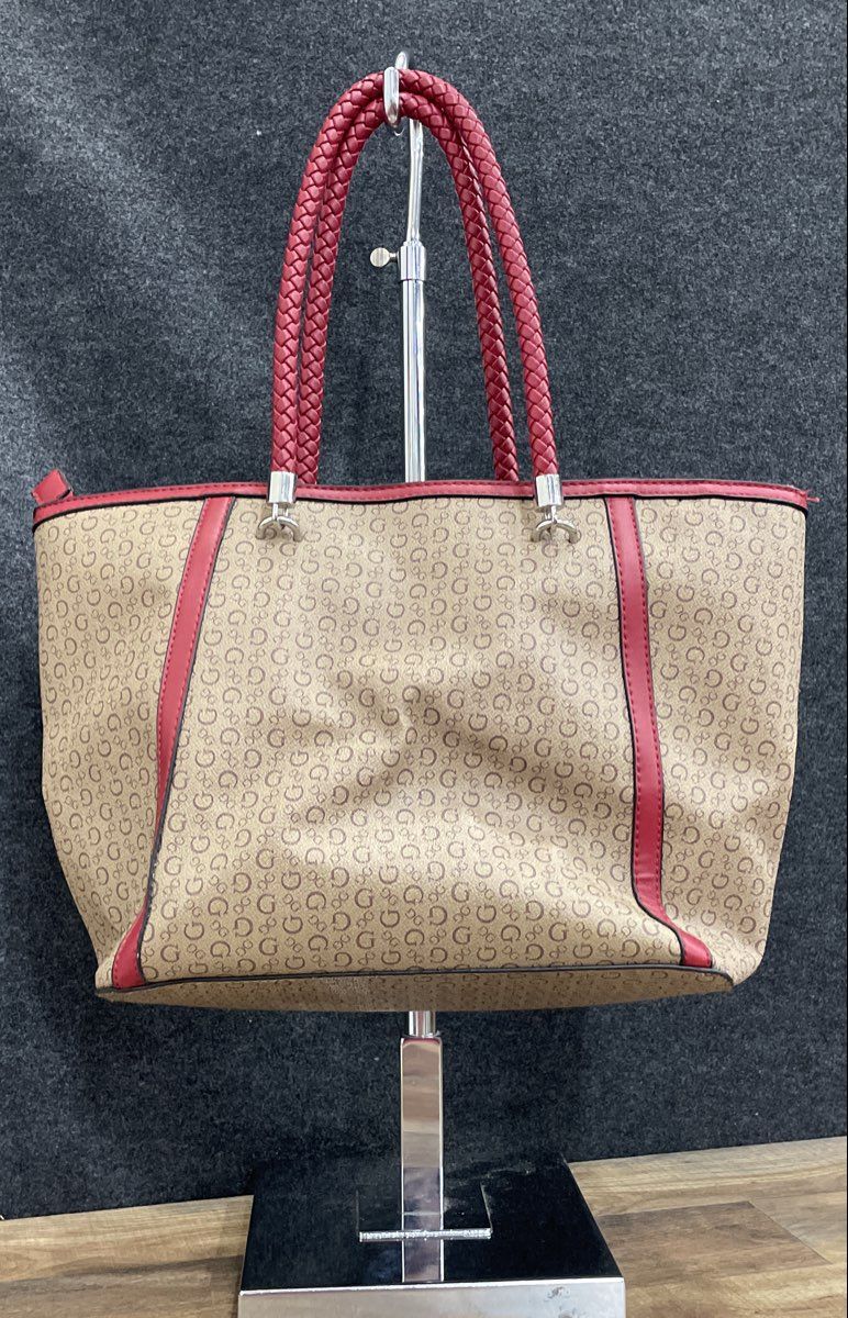 Guess 1981 Brown Red Leather Monogram Tote Bag Braided Handles Tassel Large