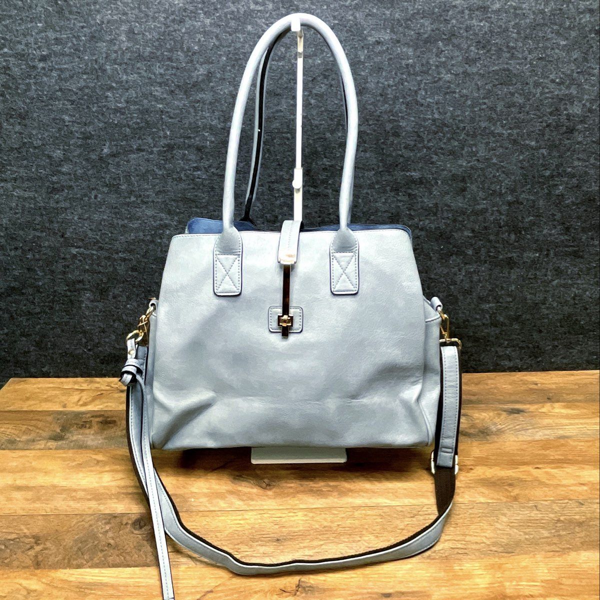 Mellow World Dusty Blue Faux Leather Triple Compartment Tote Bag Gold Hardware