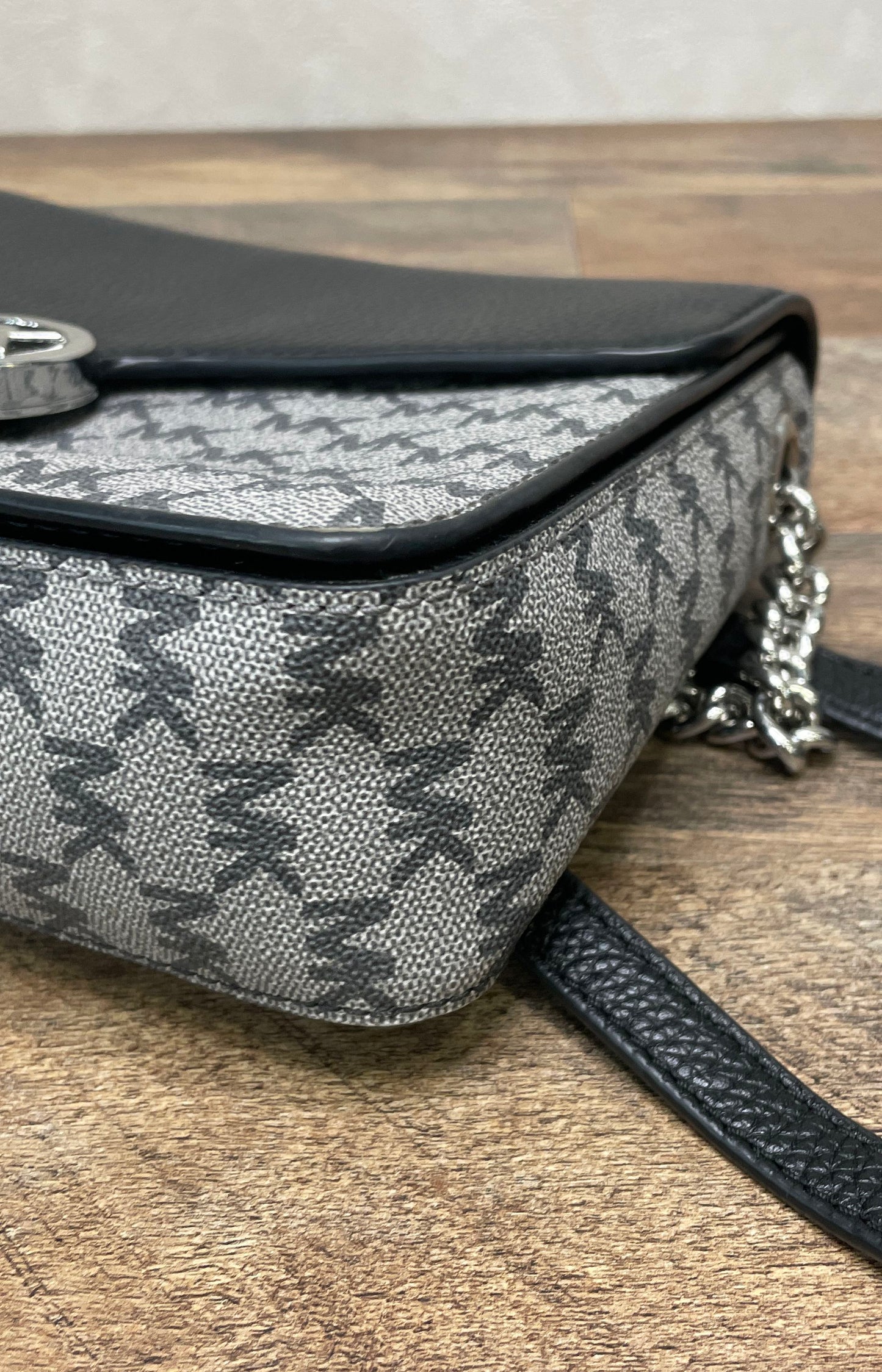 Michael Kors Grey Black Monogram MK Signature Crossbody Bag Silver Hardware