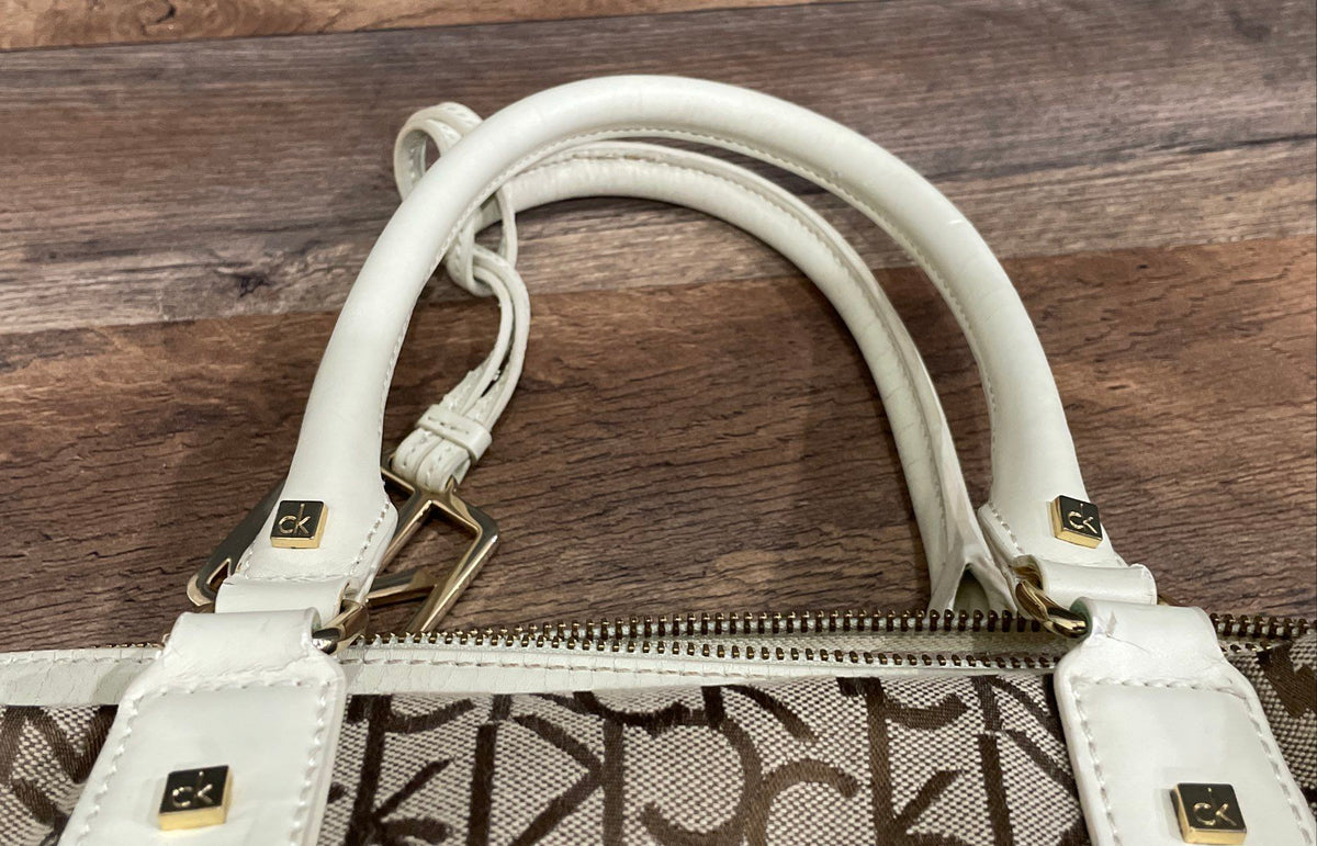 Calvin Klein Brown Monogram White Leather Satchel Handbag Gold Hardware