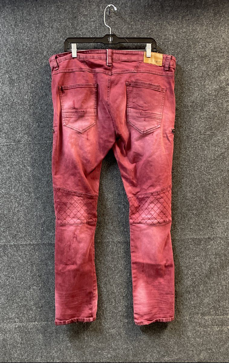 The Kleep Men's Burgundy Red Distressed Moto Biker Jeans Ribbed Size 38