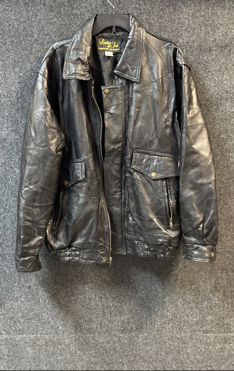 Leather & Soul Men's Black Patchwork Leather Bomber Jacket Sz L