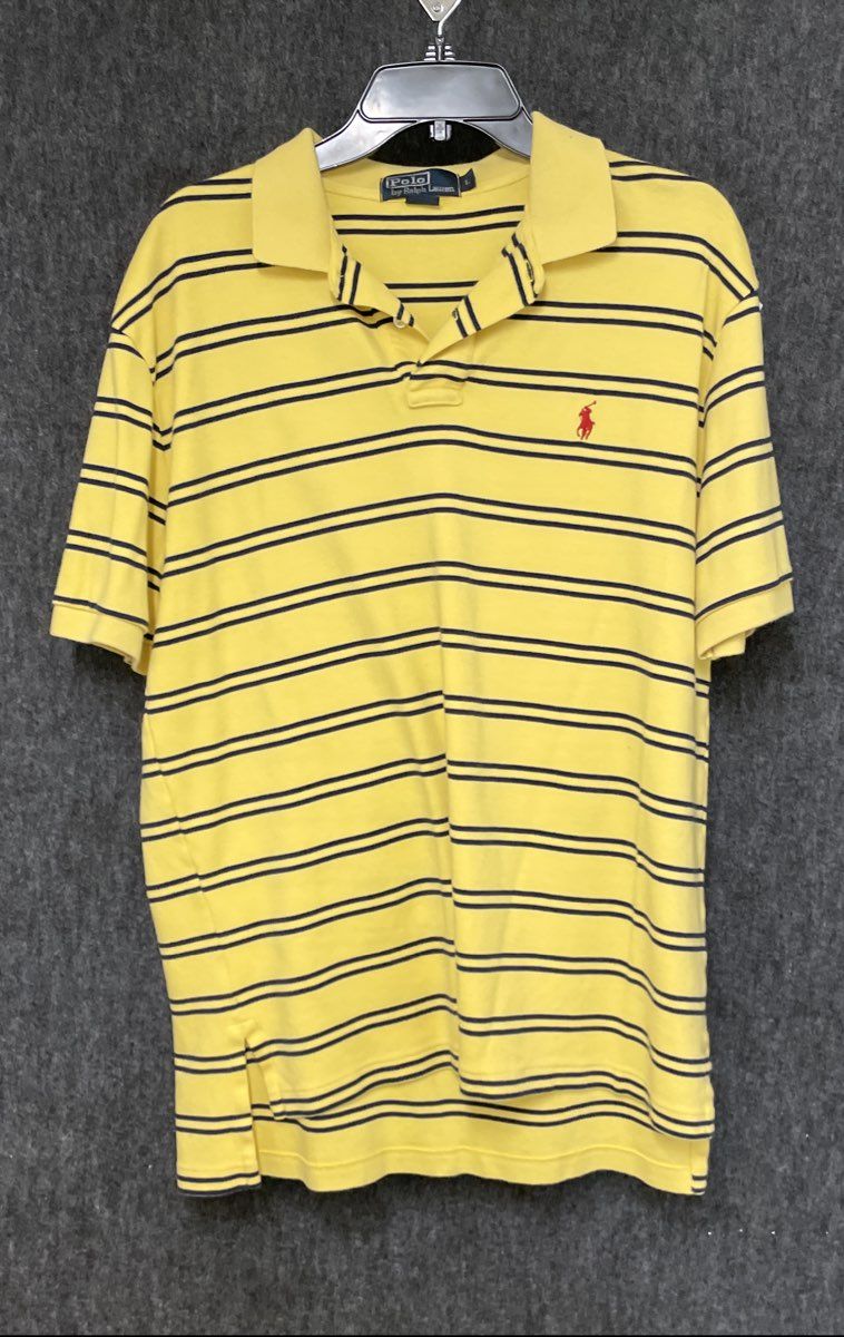 Polo Ralph Lauren Men's Polo Shirt Yellow Navy Blue Striped Cotton Sz L