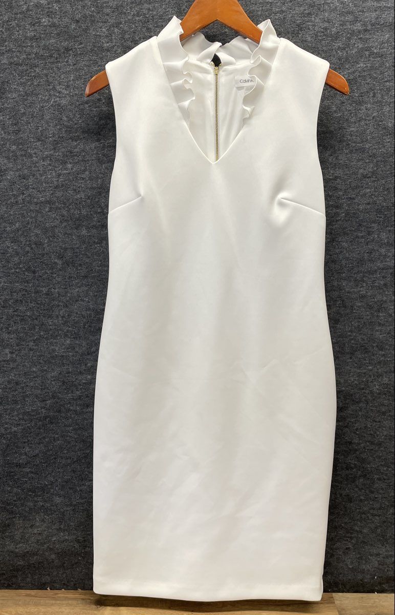 Calvin Klein Women's White Ruffle V-Neck Sleeveless Sheath Dress Sz 10
