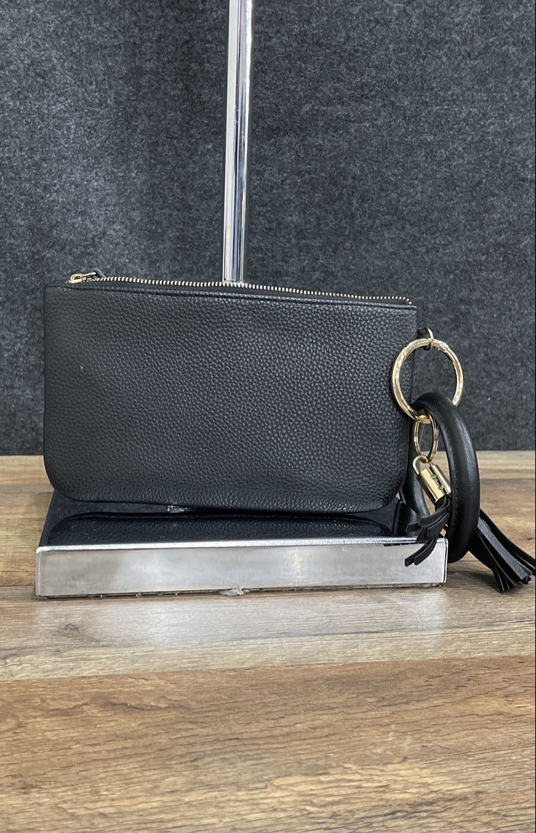 Nanette Lepore Black Pebbled Leather Bangle Money Bag Pouch Gold Tone