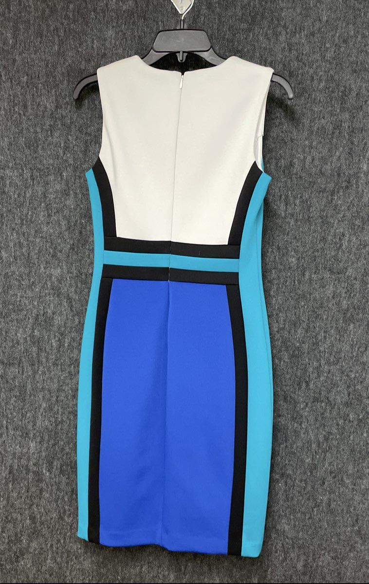 Calvin Klein Women's White Blue Black Colorblock Sheath Dress Sleeveless Sz 4