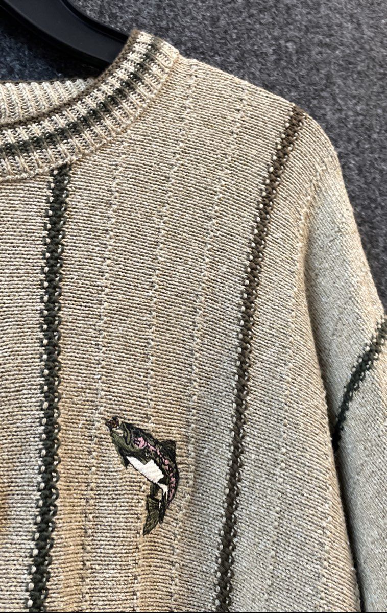 Vintage 90s Croft & Barrow Men's Tan Wildlife Embroidered Striped Sweater Sz XXL