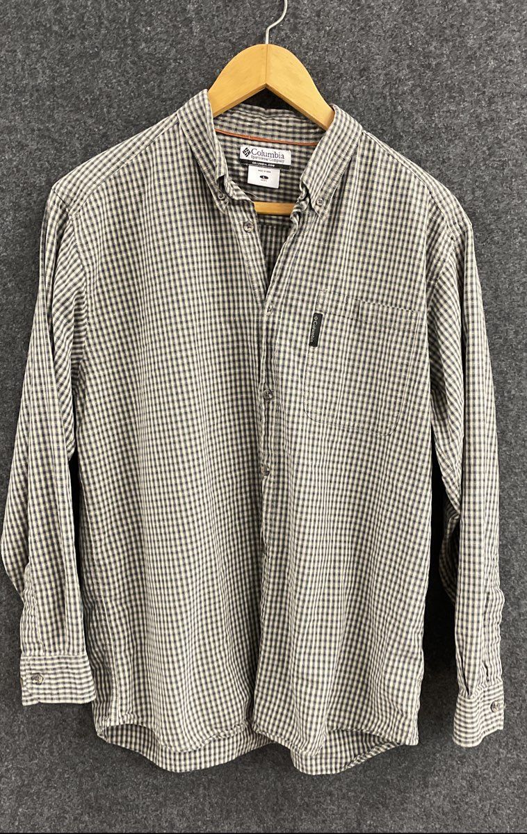 Columbia Men's Long Sleeve Button Up Shirt Gray Navy Gingham Check Cotton Sz L