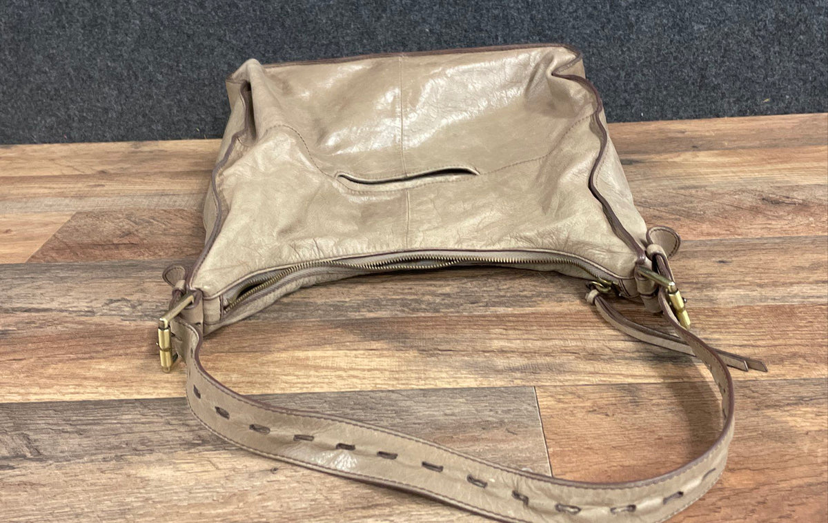 HOBO Taupe Beige Leather Slouchy Shoulder Bag Brass Hardware