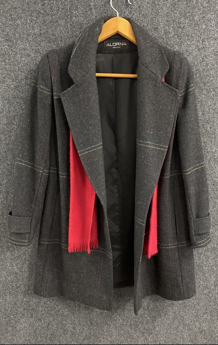 Vintage 90s Alorna Women's Dark Gray Wool Jacket Coat with Red Scarf Striped