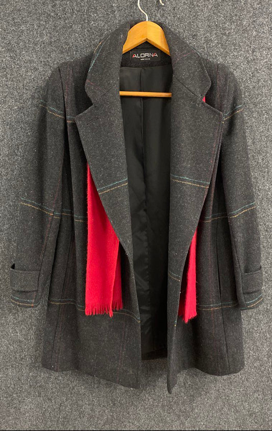 Vintage 90s Alorna Women's Dark Gray Wool Jacket Coat with Red Scarf Striped