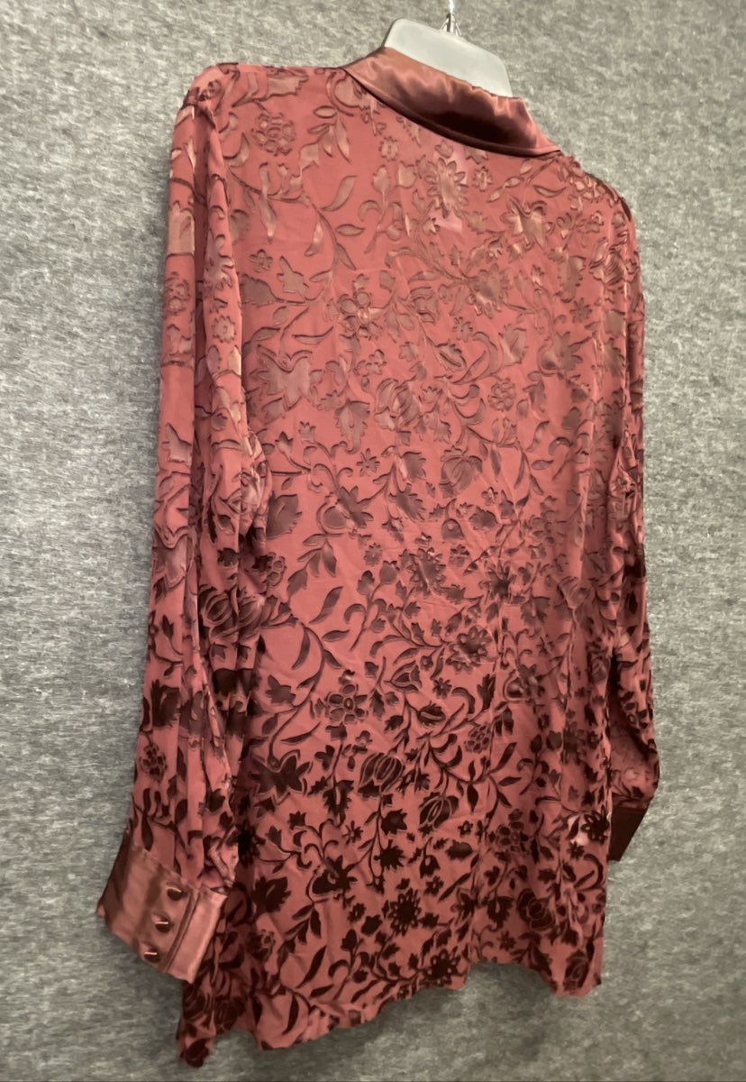 Vintage Y2K Laura Ashley Women's Burgundy Silk Floral Devore Blouse Tunic Sz 12