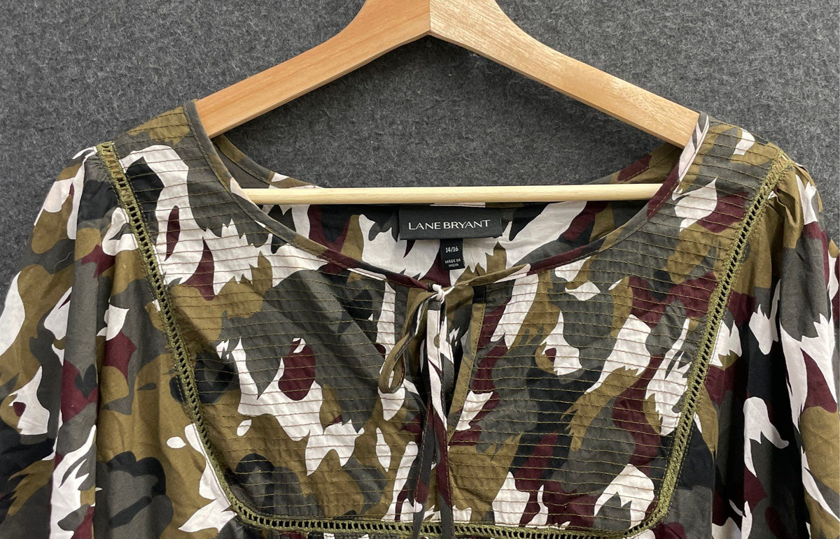 Lane Bryant Women's Camo Print Cotton Boho Peasant Dress Crochet Tassels 14/16