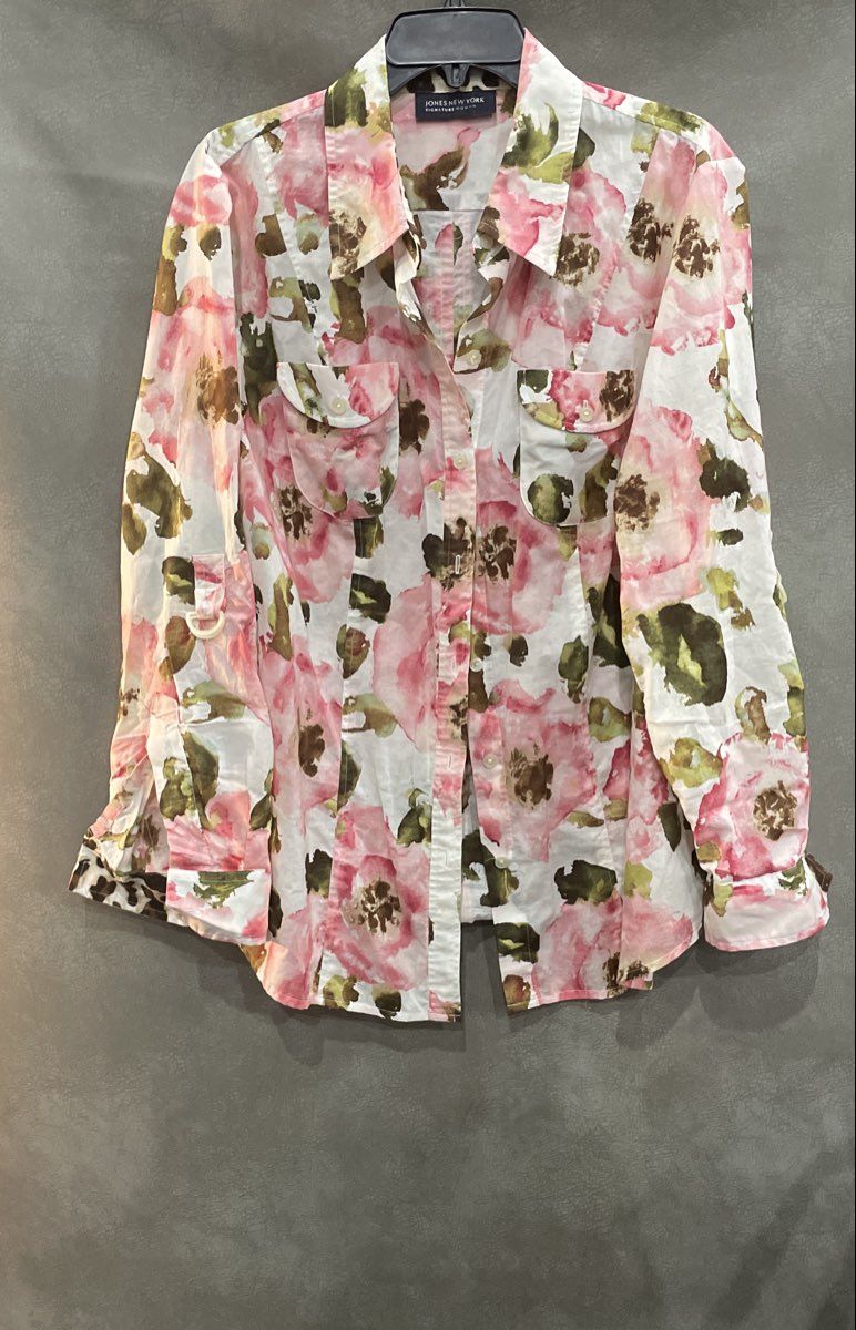 Jones New York Signature Woman Women's White Pink Floral Cotton Button Up Shirt