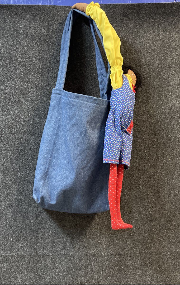 Denim Carry Bag with Integrated Cloth Doll Folk Art Handmade Style 19 Inch