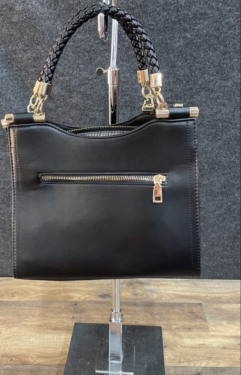 Miztique Black Leather Braided Handle Satchel Handbag Gold Hardware