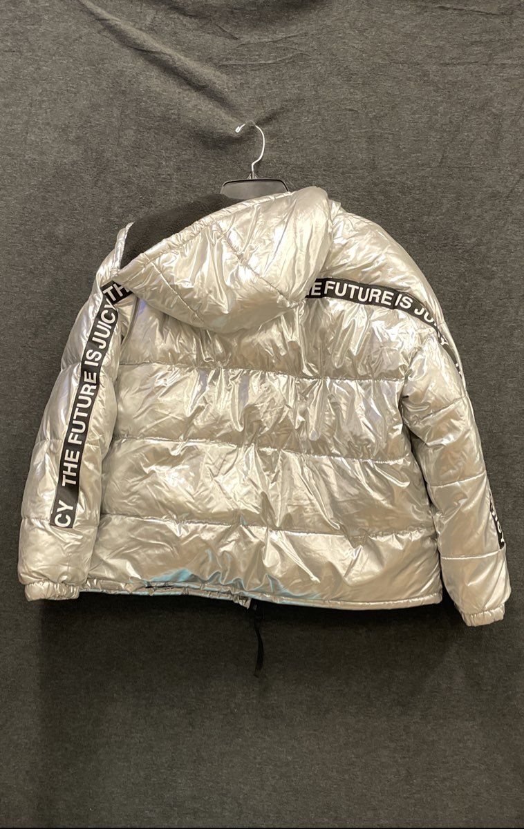 Juicy Couture Black Label Women's Silver Metallic Hooded Puffer Coat NWT Size M