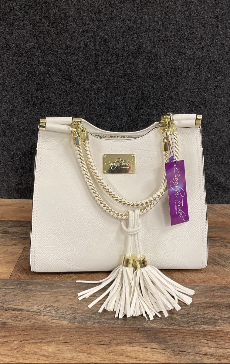 Carolyn Tucker White Pebbled Satchel Shoulder Bag Braided Handle Tassels NWT