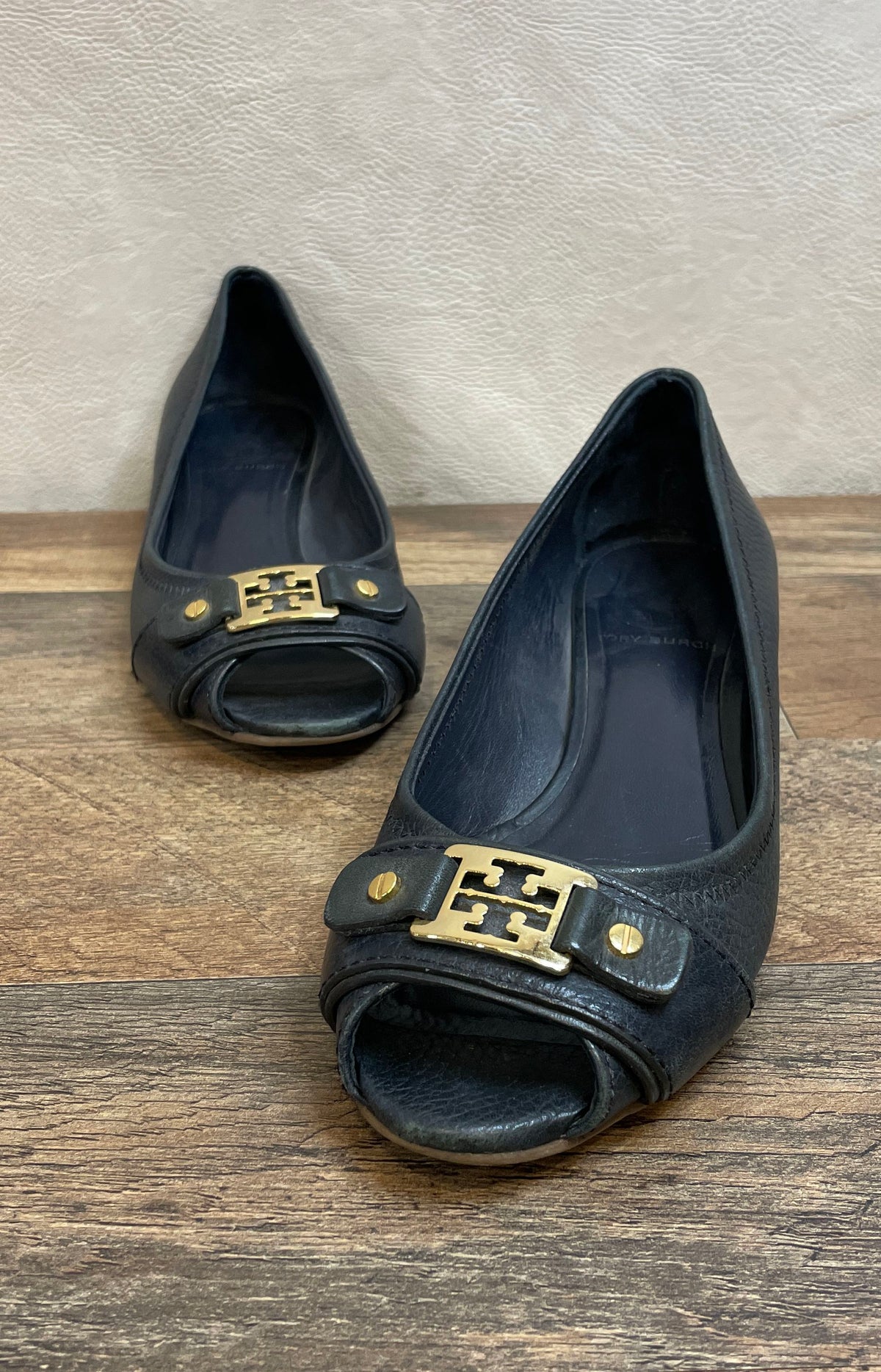 Tory Burch Navy Blue Leather Sally Peep Toe Cork Wedge Heels Size 7M