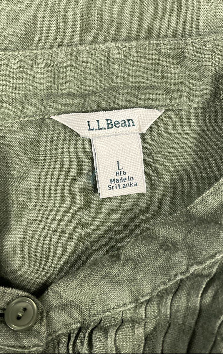 L.L. Bean Women's Olive Green 100% Linen Pintuck Pleated Front Blouse Sz L