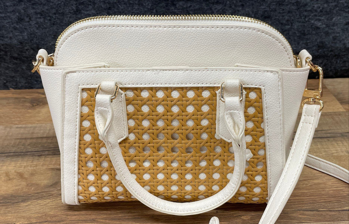 Anne Klein White Woven Cane Satchel & Crossbody Bag Set Gold Hardware 2-Piece