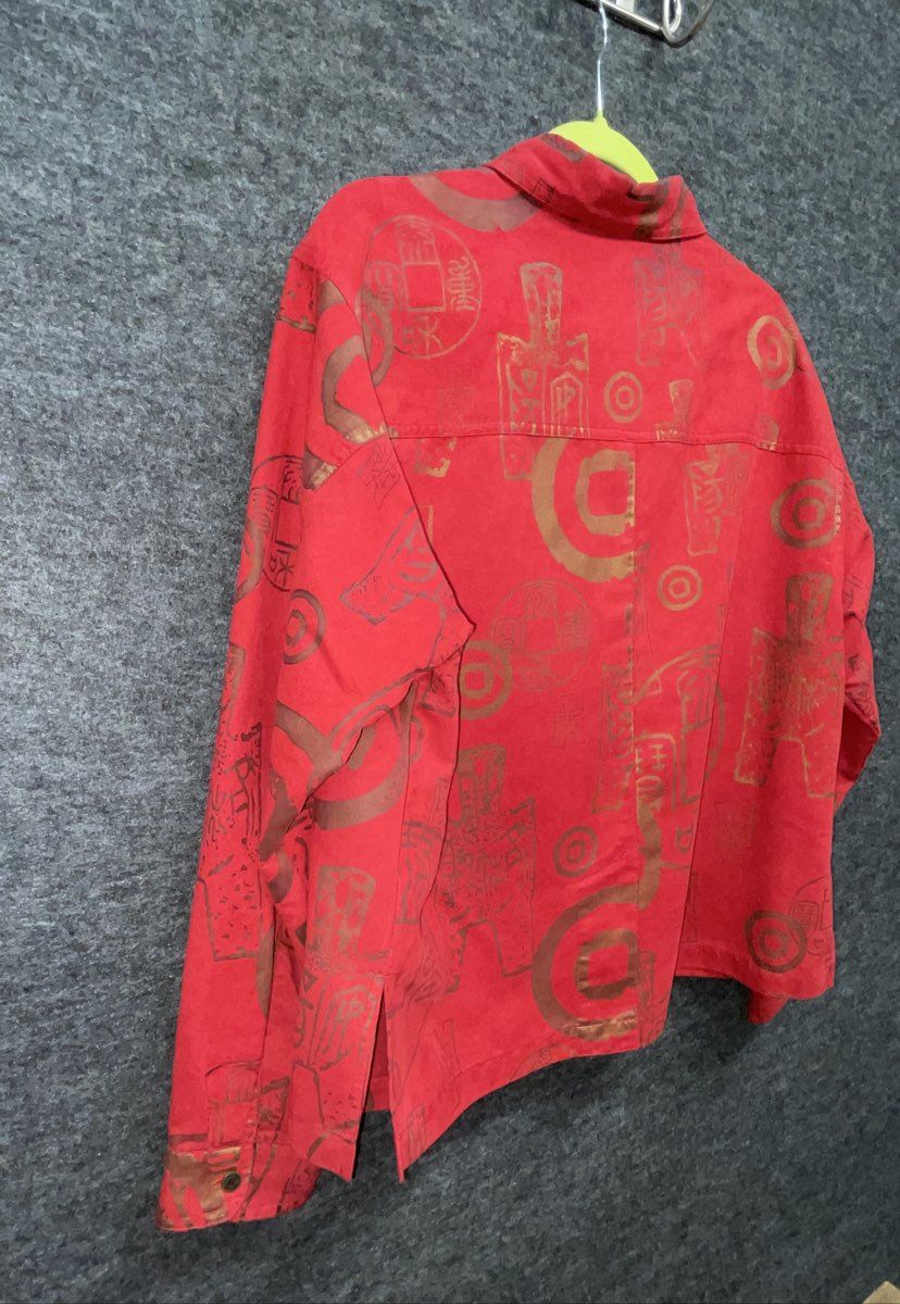 Vintage 90s Chico's Design Women's Red Coin Faux Suede Shirt Jacket Sz 3