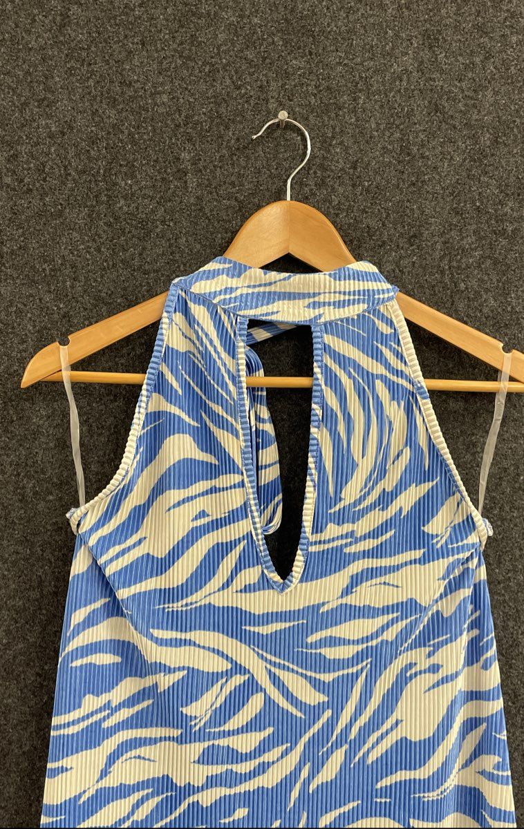 Luvaro Women's Arlette Blue Zebra Print Pleated Halter Maxi Dress NWT Size M
