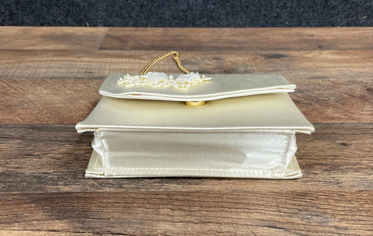 Vintage 90s Dyeables Cream Satin Beaded Lace Bow Evening Bag Clutch Gold Chain