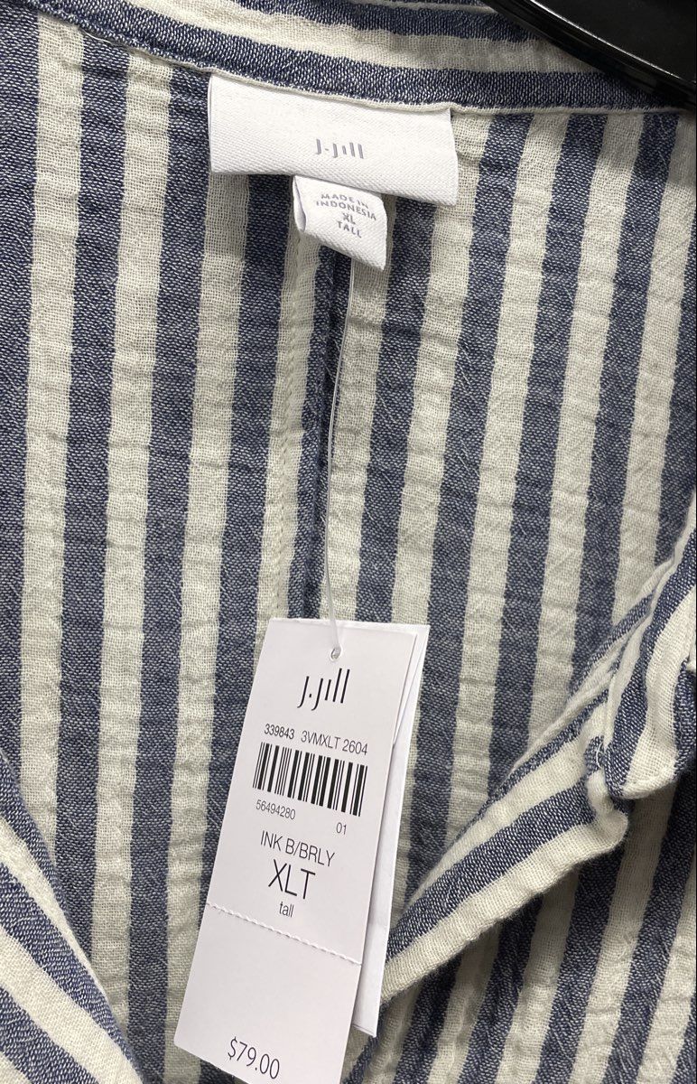 J. Jill Women's Ink Blue White Striped Textured Button Up Shirt Sz XLT NWT