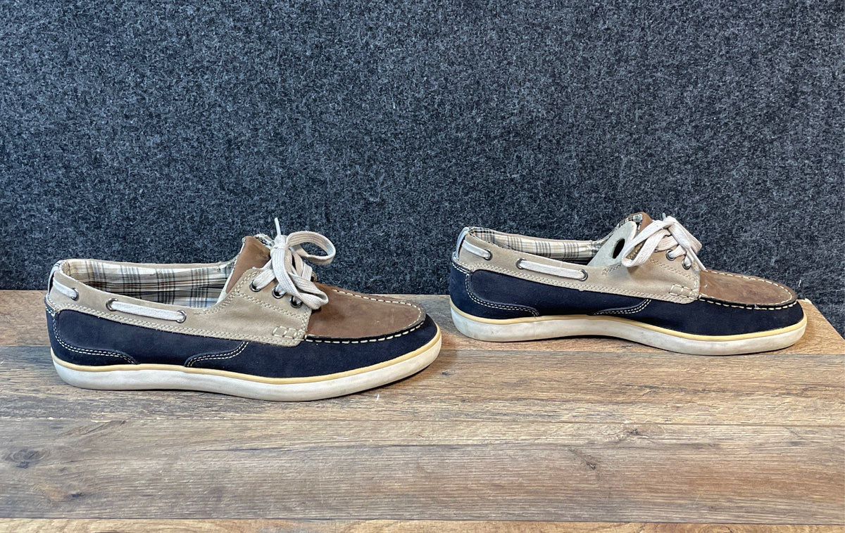 Clarks Brown Tan Navy Suede Leather Moc Toe Boat Shoes Men's Size 10.5