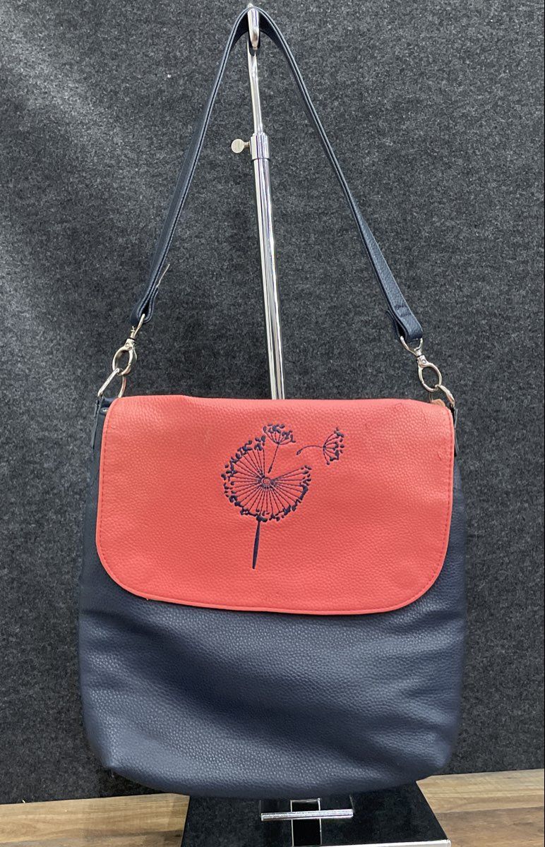 Thirty-One Navy Blue Pink Leather Embroidered Dandelion Crossbody Shoulder Bag