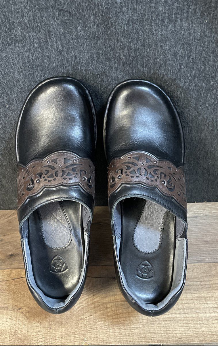 Ariat Black Brown Leather Laser Cut Floral Slip-On Clogs Women's Size 7B